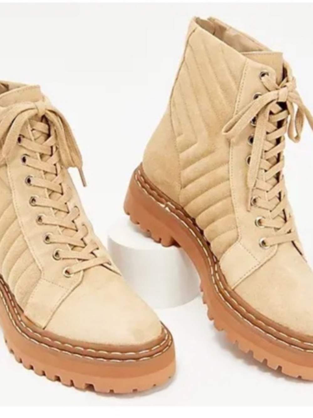 Vince Camuto Quilted Tan Lace-Up Combat Boots